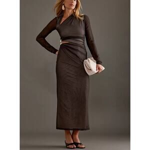 Significant Other Anthropologie Nina Chocolate Brown Mesh Midi Dress Cutout 4